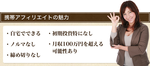 携帯アフィリエイトの魅力　自宅でできる　初期投資特になし　ノルマなし　月収100万円を超える可能性あり　締切なし　