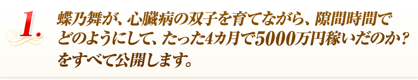 蝶乃舞が、心臓病の双子を育てながら、隙間時間でどのようにして、たった4カ月で5000万円稼いだのか？をすべて公開します。